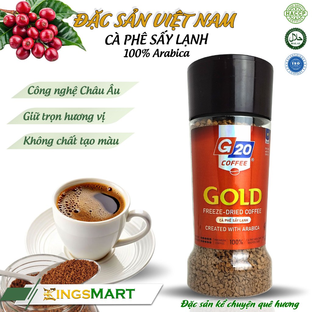 [Đúng Gu] Cà phê sấy lạnh GOLD Arabica 100% - Thương hiệu G20 COFFEE THIÊN SA - Hũ 120g - Kingsmart