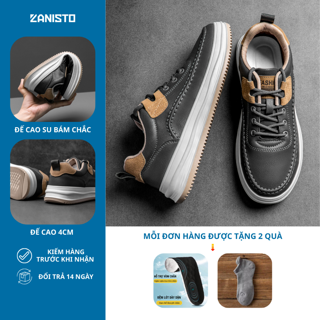 Giày Thể Thao Nam CS940 ZANISTO Màu Đen Đế Cao Su Non Tự Nhiên 4cm Chất Da Cao Cấp Đi Nhẹ Và Siêu Êm