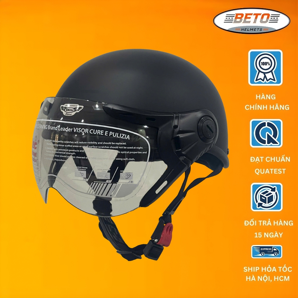 Mũ bảo hiểm nửa đầu có kính BKtec BK6 đen nhám , an toàn, cho cả nam và nữ, Freesize vòng đầu 55-58c