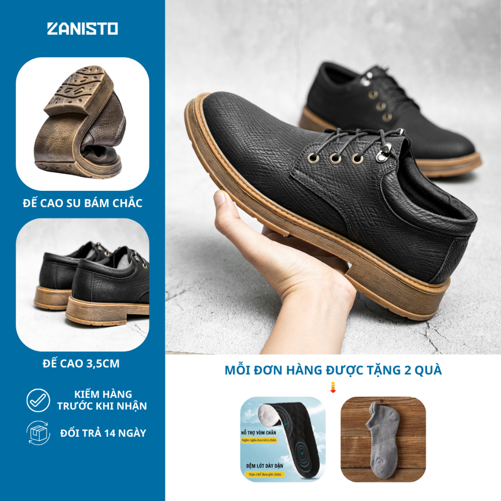 Giày Da Nam Cao Cấp Đốc Tờ ZANISTO CS073 Chất Da Cao Cấp Bền Bỉ Đế Cao Su Non Tăng Chiều Cao 3,5cm