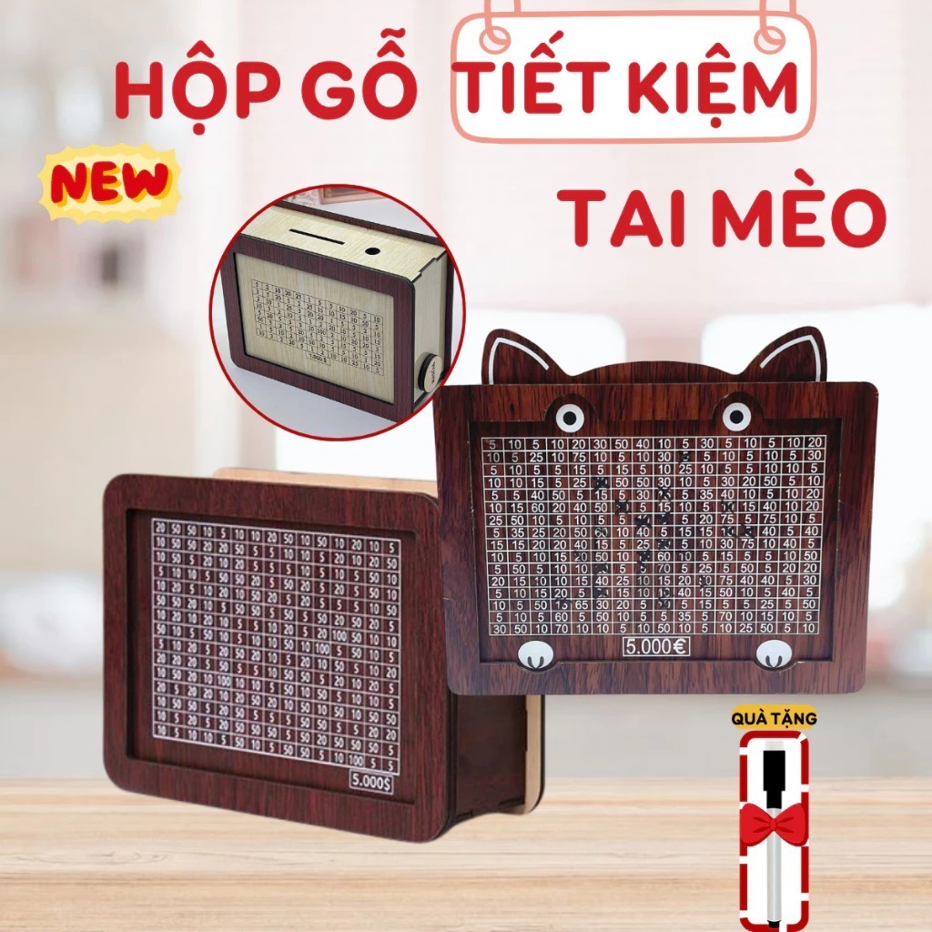 Hộp Tiết Kiệm Gỗ Hình Mèo 100 Ô – Thử Thách Tiết Kiệm, Hộp Đựng Tiền Thông Minh, Bảng Tiết Kiệm Tiền