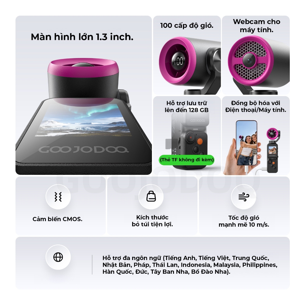 Goojodoq Quạt Camera 2in1 Xoay 180° Màn Hình 1.3" 100 Cấp Gió Hàng Chính Hãng quạt tuabin tốc độ cao | BigBuy360 - bigbuy360.vn