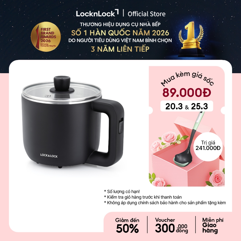 Nồi Điện Đa Năng Lock&Lock 0.8L, 220V, 50Hz, 600W - Màu Đen - Ejp116Blk