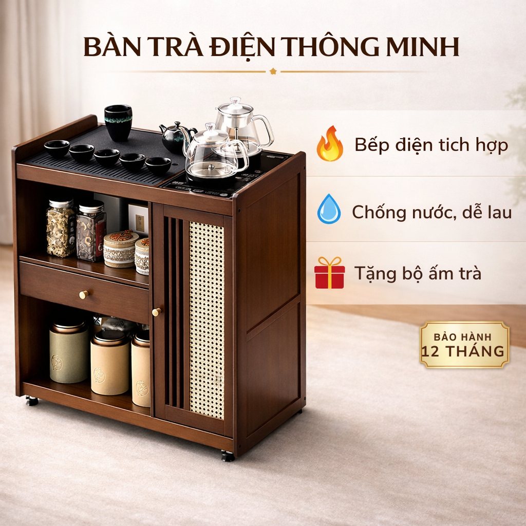 Bàn trà phòng khách di động đa năng tặng kèm bộ ấm trà, ấm đun, bếp điện và bộ dụng cụ pha trà, bàn 