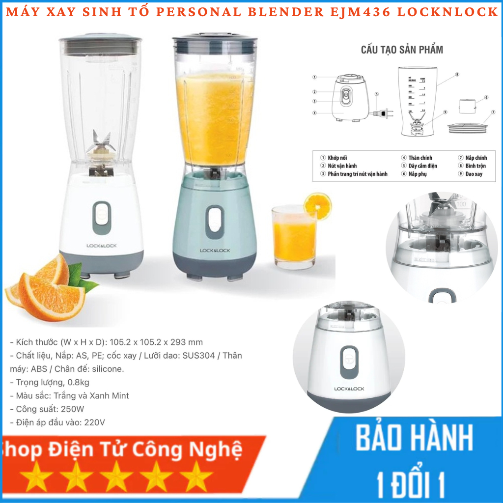Máy xay đa năng Personal Blender EJM436 LocknLock, lưỡi dao inox 304, cấu tạo răng cưa hỗ trợ xay nh