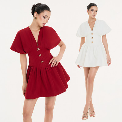 RECHIC Đầm ngắn Nomia cổ V phối xếp ly nhỏ sang trọng thanh lịch