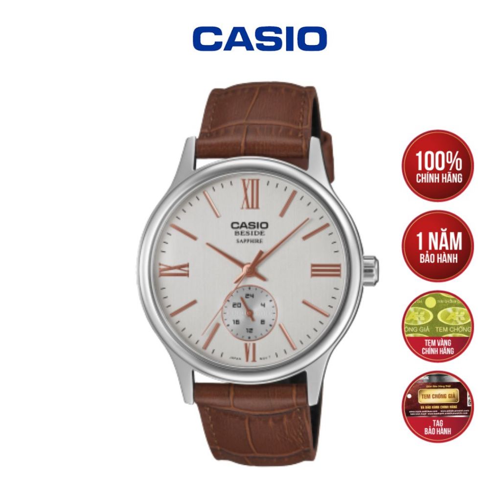 Đồng hồ Casio Timeless Mens BMS-100L-5AVDF 40mm | Mặt trắng kính Sapphire, Dây da - Hàng Chính Hãng