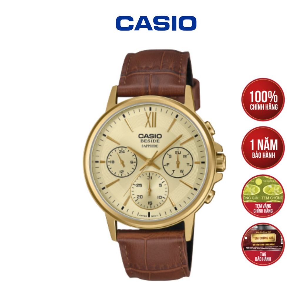 Đồng hồ Casio Timeless BMS-300GL-5AVDF 40mm | Mặt vàng kính Sapphire, Dây da - Hàng Chính Hãng