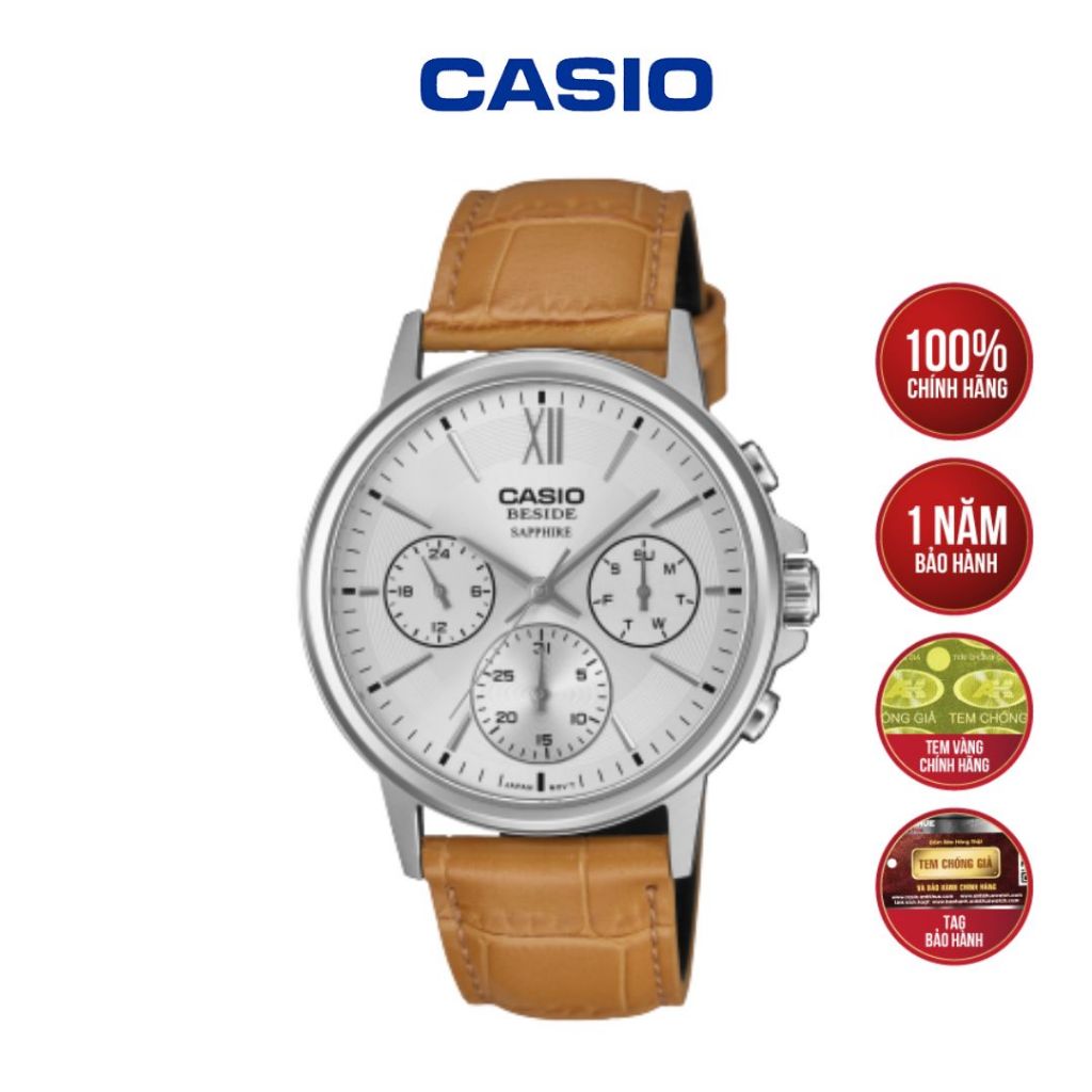 Đồng hồ Casio Timeless BMS-300L-5AVDF 40mm | Mặt trắng kính Sapphire, Dây da - Hàng Chính Hãng