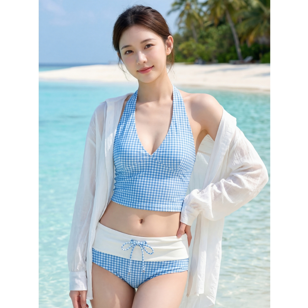 Set Bikini Đi Biển Họa Tiết Caro 2 Màu Xanh, Nâu Hot Trend, Set Đồ Đi Biển Kín Đáo Cổ Yếm Ôm Dáng - H30 | BigBuy360 - bigbuy360.vn