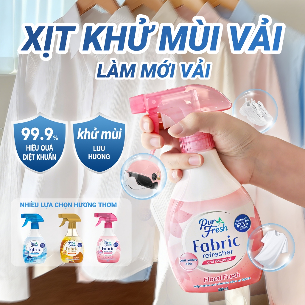 Xịt Thơm Quần áo Purfresh 400ml, Khử Mùi, Ngăn Mạt Bụi & Kháng Khuẩn 99.9%, dùng cho mũ bảo hiểm, quần áo và ghế sofa