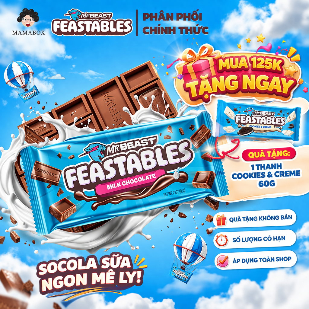 [Chính Hãng] Kẹo Socola MrBeast Feastables Phiên Bản Mới vị Sữa thanh 60g