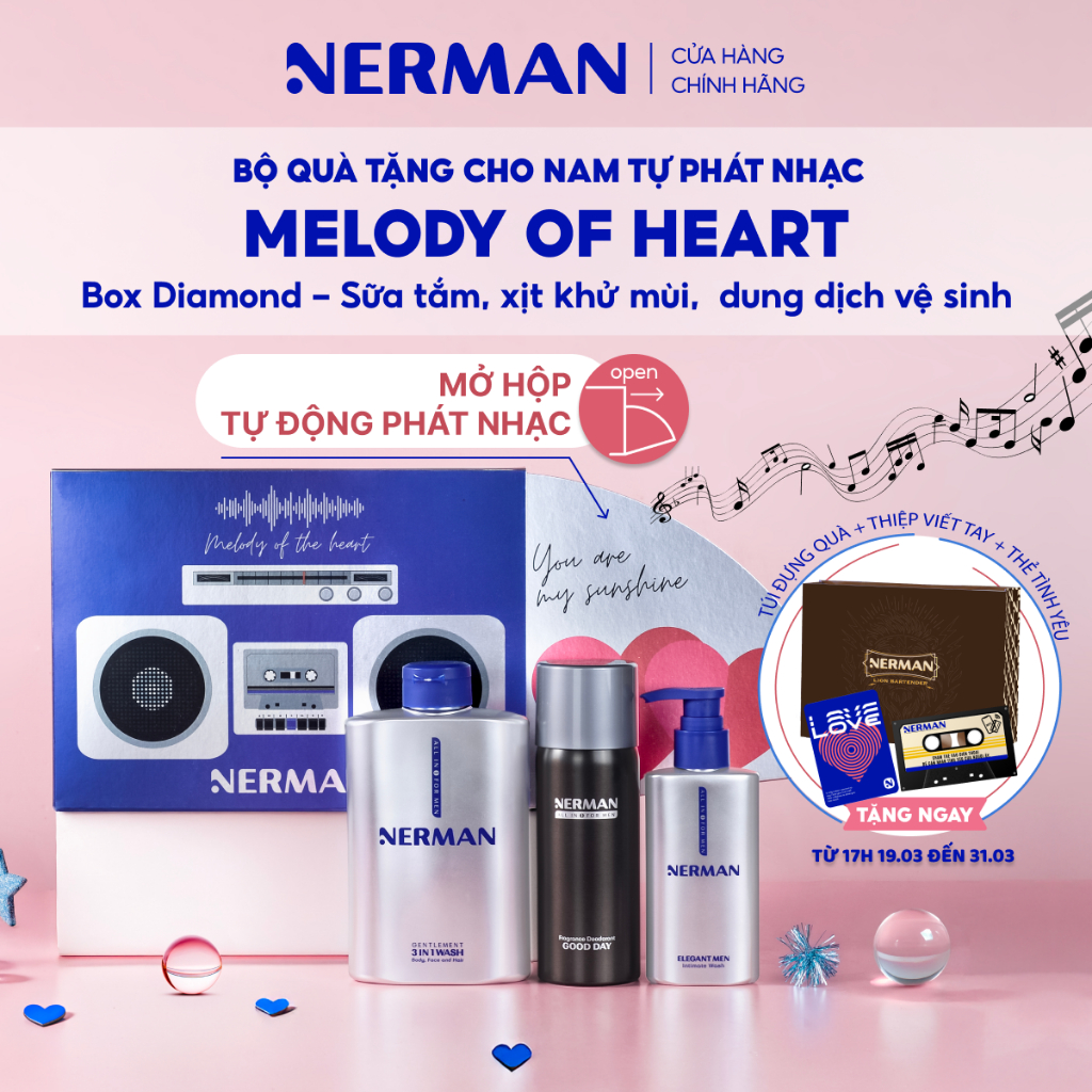 Bộ quà tặng cho nam tự phát nhạc Nerman Melody Of Heart - Sữa tắm 3 in 1 350g & DDVS 100ml
