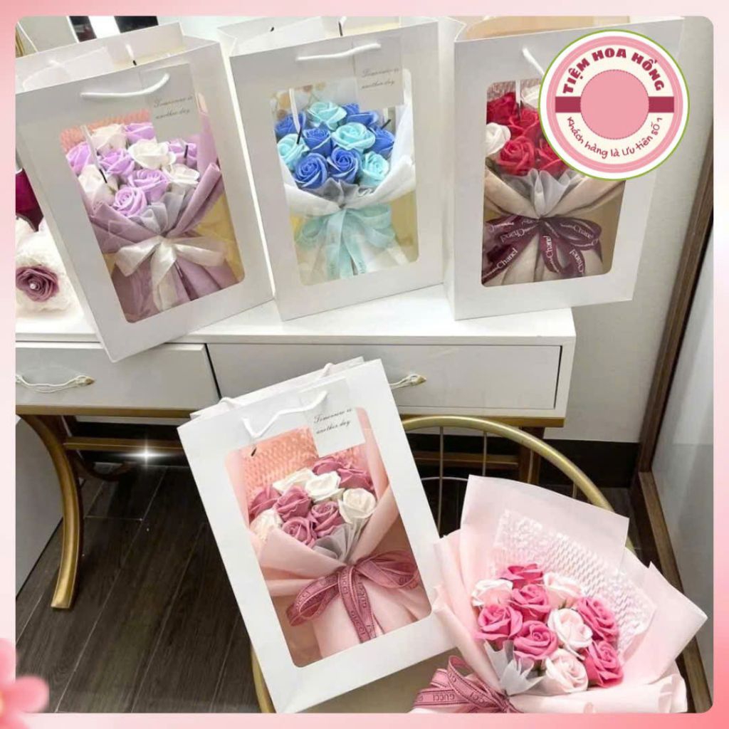 Túi giấy mặt kinh (Sét 5c). Kích thước 25x35x15. Đựng quà tặng, hoa, gấu bông. Màu trắng/hồng loại d