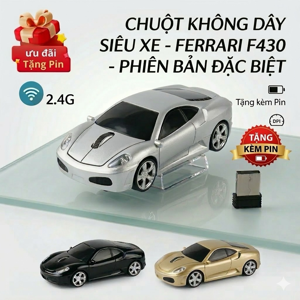 Chuột Không Dây Siêu Xe Thể Thao Ferrari F430 - Kết Nối 2.4GHz, Bảo Hành 12 Tháng - Trung Hiếu HN má