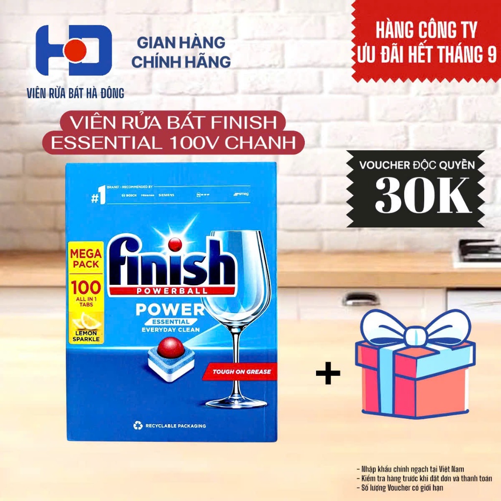 [NHẬP MÃ GIẢM GIÁ 30K] Viên rửa chén bát Finish Essential hương chanh 100 viên