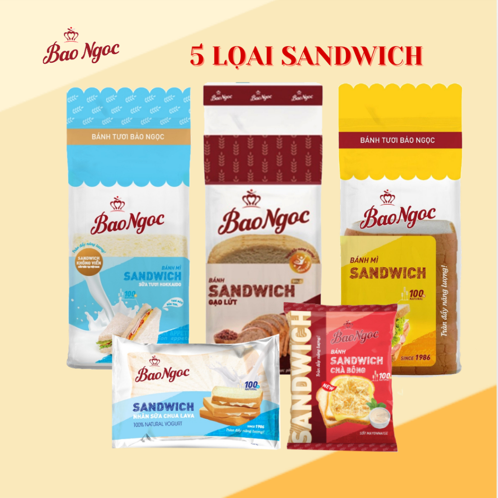 Bánh mì sandwich 5  loại vị bánh ngon không viền, nhân sữa chua, chà bông Bảo Ngọc 50 đến 215g