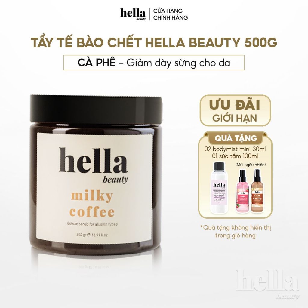 Tẩy tế bào chết body cà phê Hella Beauty 500g giúp làm sạch sâu hỗ trợ dưỡng sáng da