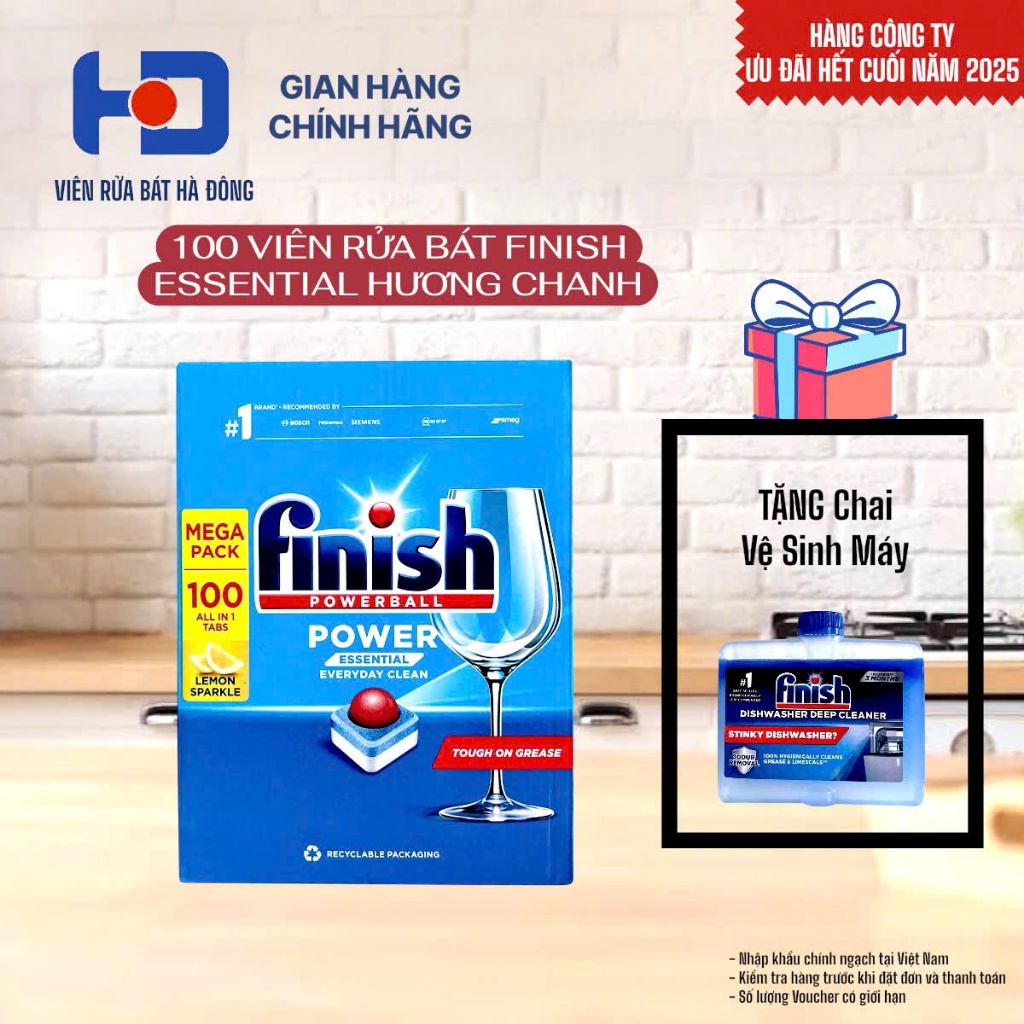 [TẶNG CHAI VỆ SINH MÁY 250ML] Viên rửa chén bát Finish Essential hương chanh 100 viên [HÀNG CHÍNH HÃNG CÔNG TY]