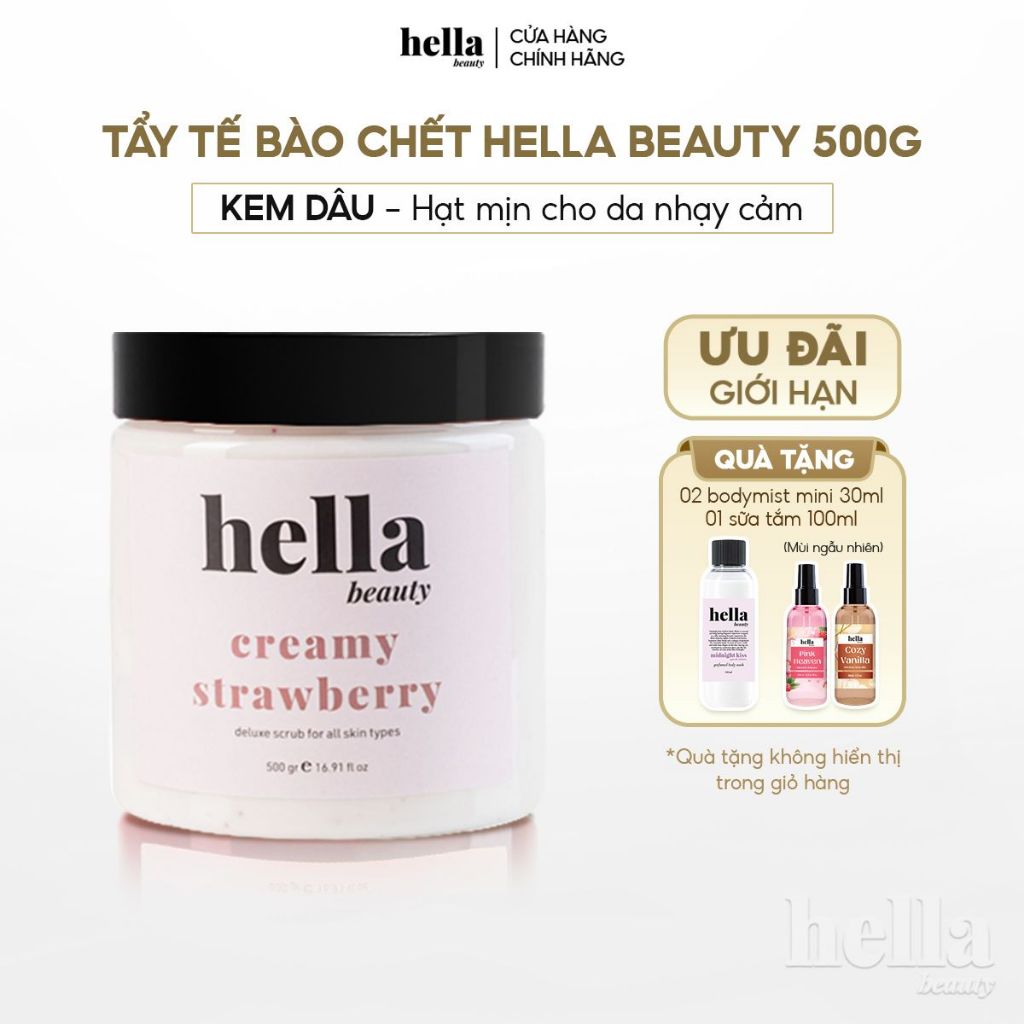 Tẩy tế bào chết body kem dâu Hella Beauty 500g giúp làm sạch sâu hỗ trợ dưỡng sáng da