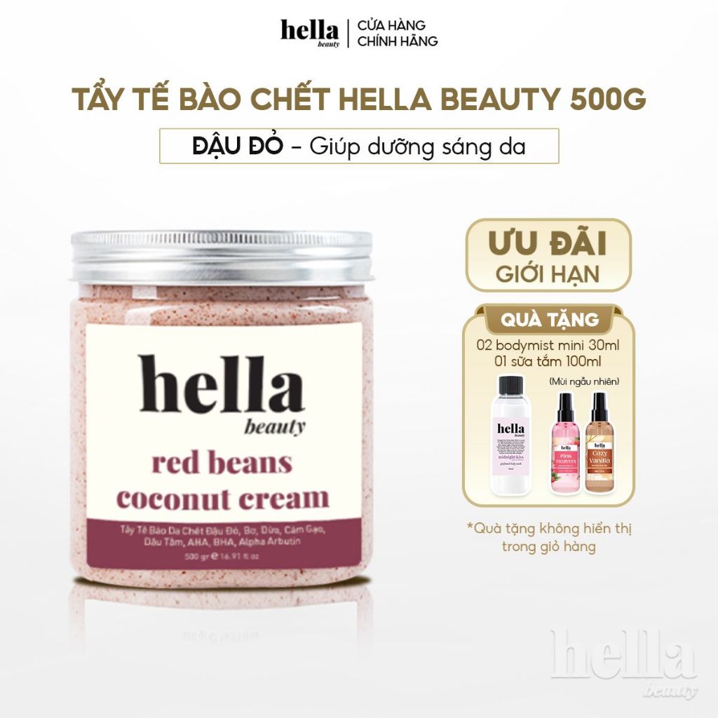 Tẩy tế bào chết body đậu đỏ Hella Beauty 500g giúp làm sạch sâu hỗ trợ dưỡng sáng da