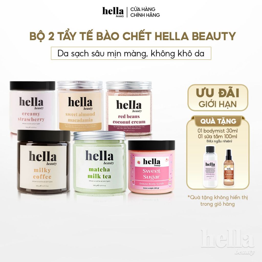 Bộ 2 tẩy tế bào chết body Hella Beauty giúp làm sạch sâu hỗ trợ dưỡng sáng da