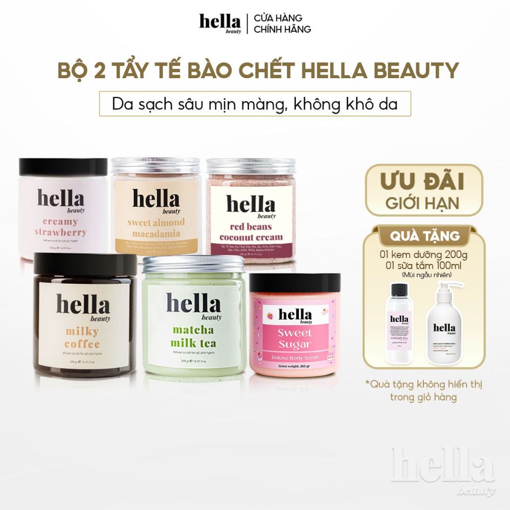 Bộ 2 tẩy tế bào chết body Hella Beauty giúp làm sạch sâu hỗ trợ dưỡng sáng da đều màu
