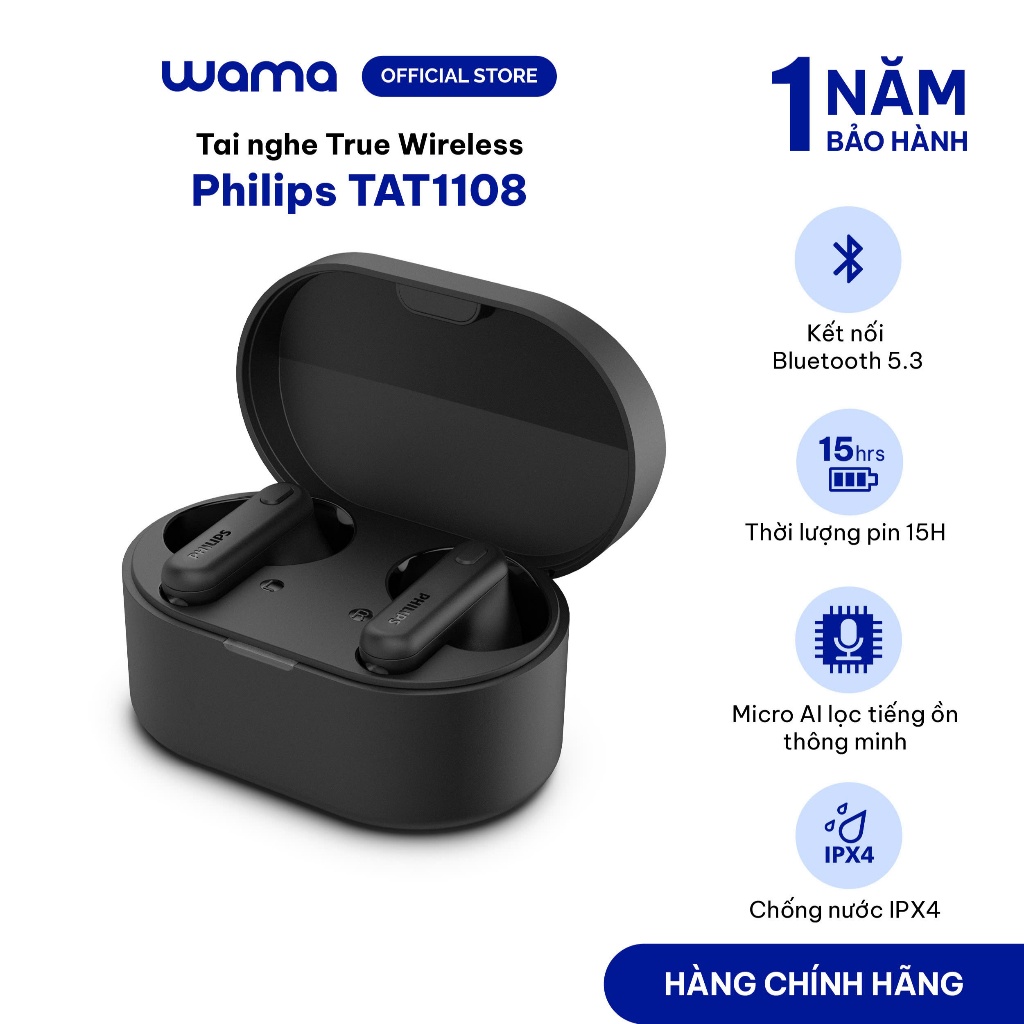 Tai nghe True Wireless Philips TAT1108 Bluetooth 5.3 Micro AI Bass mạnh Pin 15 giờ kèm hộp sạc chống