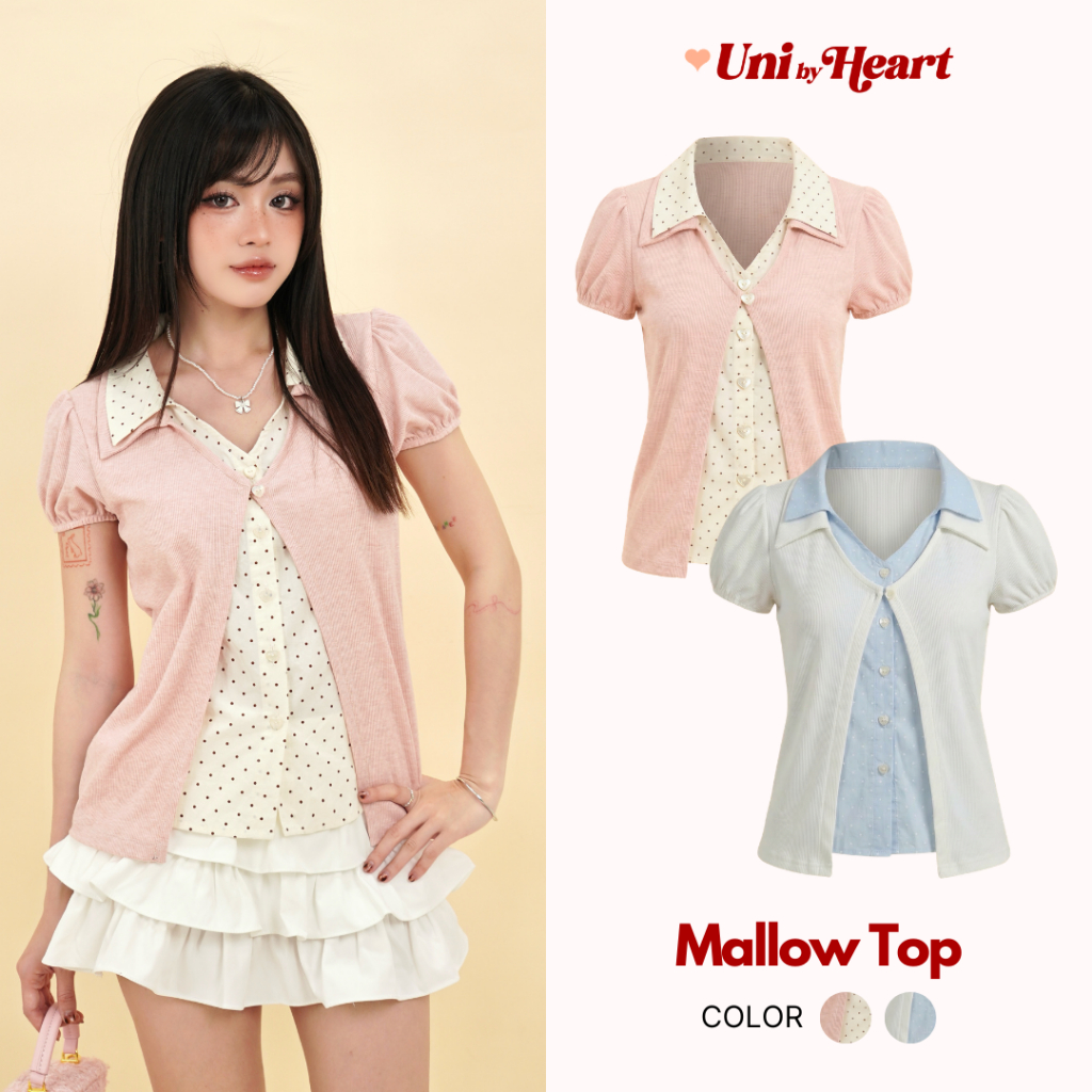 Áo thun tay ngắn Mallow Top CT009 dáng suông layer, phối chấm bi - Uni By Heart