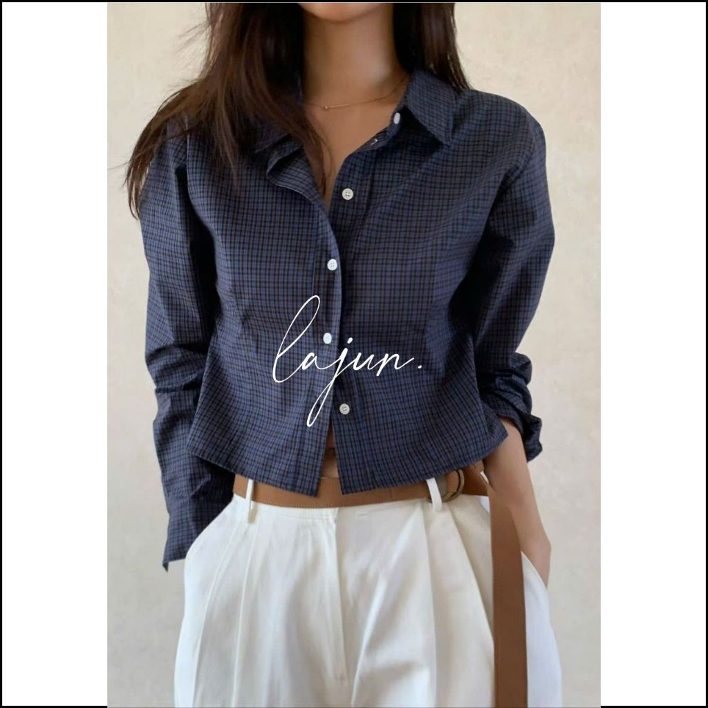 [LAJUN KOREA] Áo Sơ Mi Croptop Tay Dài Line Chiết Eo Nhẹ Chất Liệu Cotton Hàn Quốc