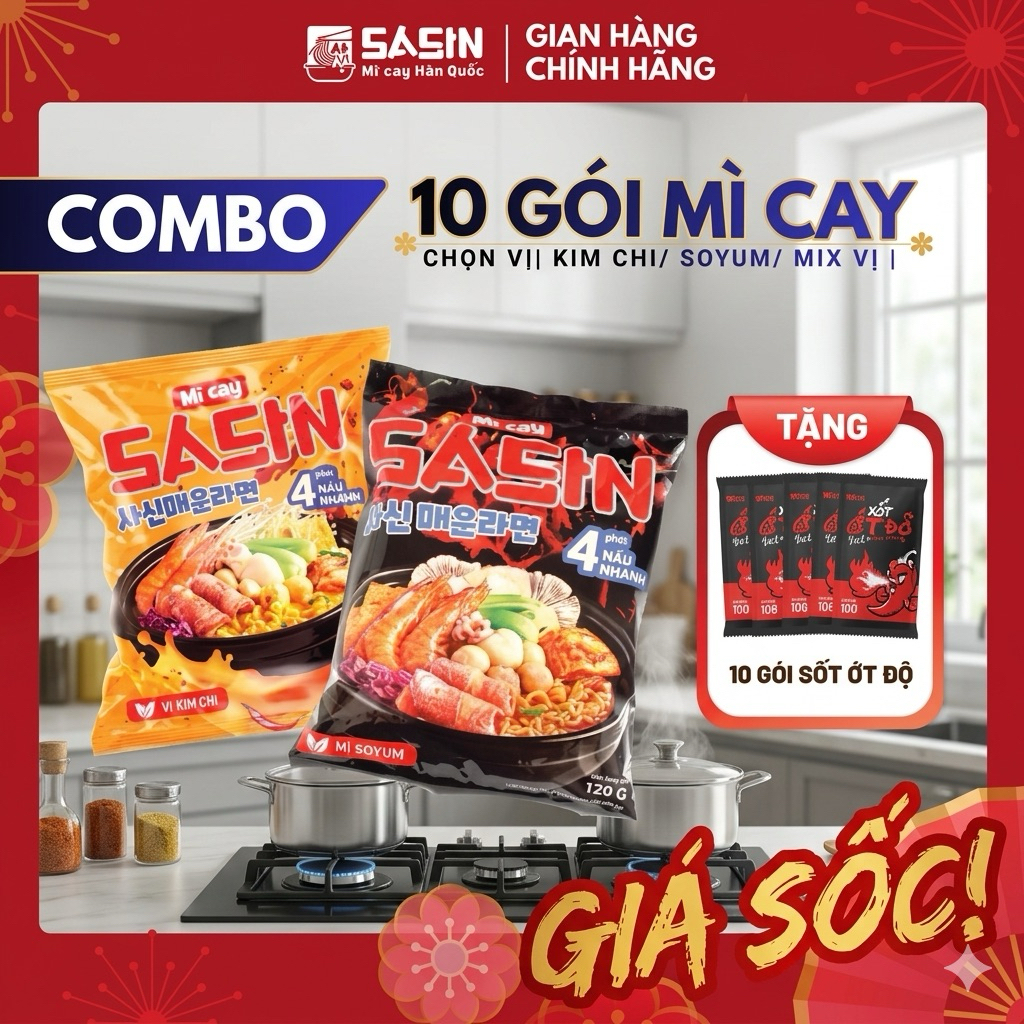 [ Combo 10] Mì Cay Sasin Mix vị (5 gói vị Kim Chi + 5 gói vị Soyum) Tặng 10 gói xốt ớt độ - CHUẨN VỊ