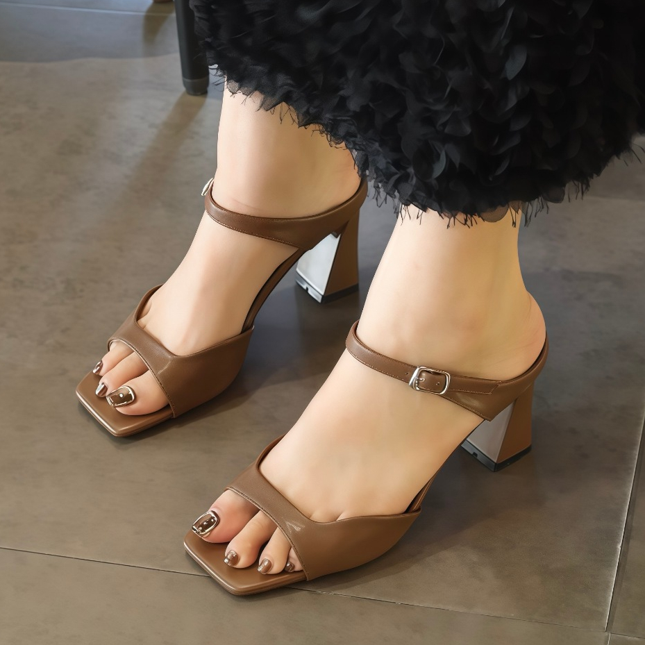 Guốc Dép Nữ Cao Gót 5cm 7cm Mũi Vuông Quai Kép Phối Trước Xưởng Giày Bánh Bèo Depsandalbackstrap
