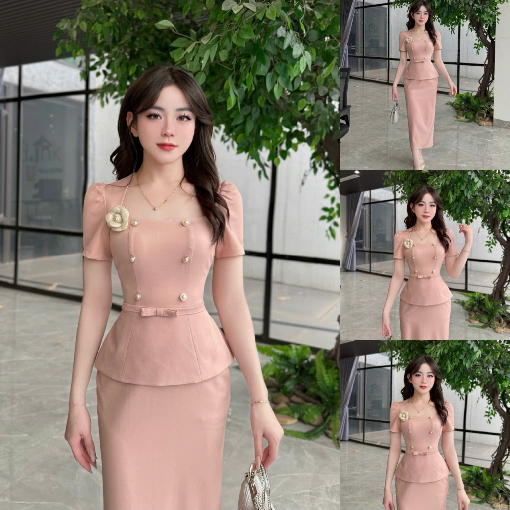 VK291 - Váy Thiết Kế Evii dành cho nữ, Đầm thiết kế cổ vuông (tặng kèm hoa cài) Peplum liền thân dán