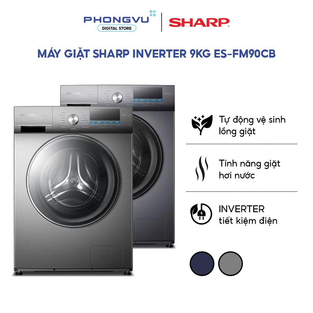 Máy giặt Sharp 9kg ES-FM90CB Lồng ngang - Inverter - Giặt hơi nước diệt khuẩn - Bảo hành 24 tháng