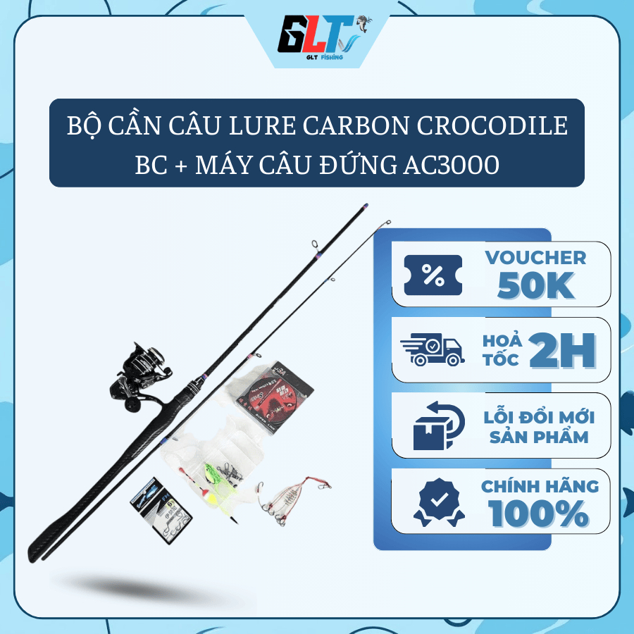 Bộ Cần Câu Lure Carbon Crocodile BC Máy Câu Đứng AC3000 Kèm Bộ Phụ Kiện Đầy Đủ - GLT Fishing