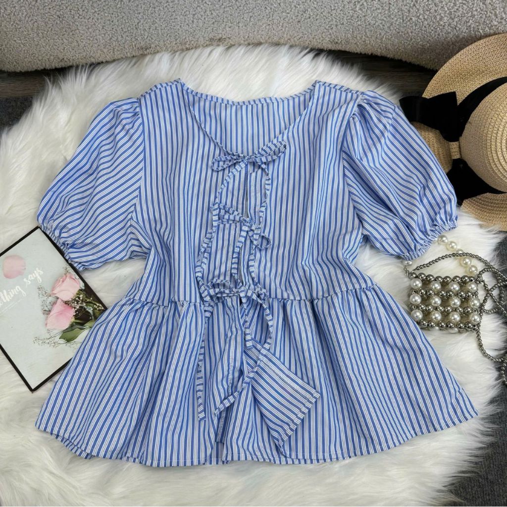 Áo babydoll Bigsize nữ dễ thương, áo kiểu bigsize phom rộng tôn dáng vải kẻ sọc thanh lịch - A190