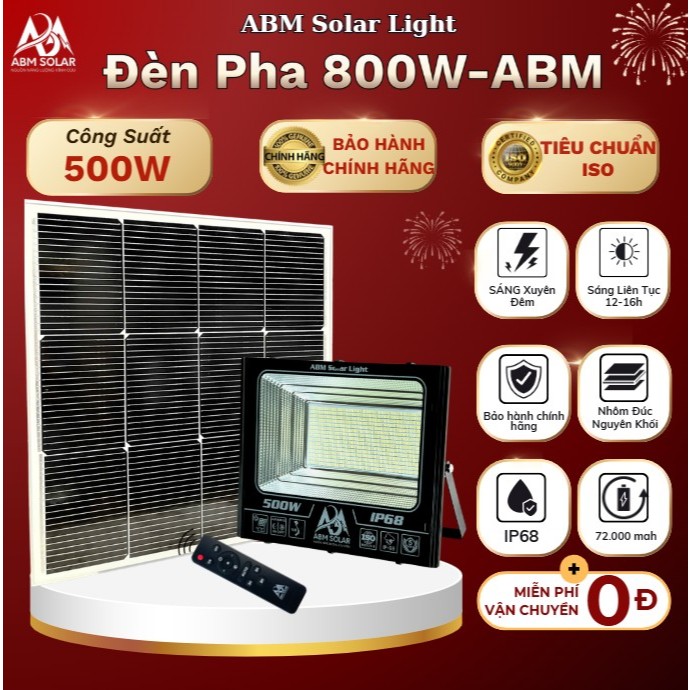 [500W] Đèn LED Năng Lượng Mặt Trời Nhôm Đúc Nguyên Khối , Có Báo % Pin, IP68 chống nước - ABM