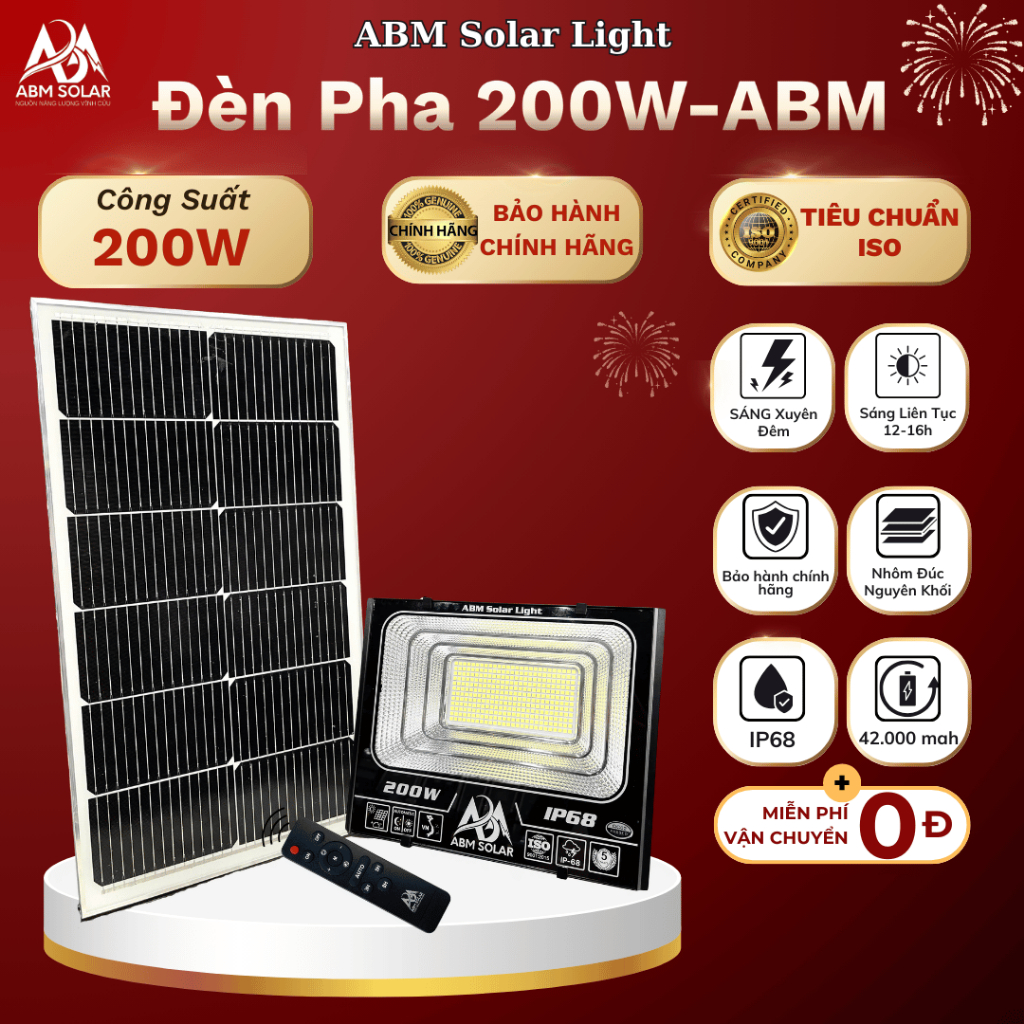 [200W] Đèn Năng Lượng Mặt Trời Nhôm Đúc Nguyên Khối, Công Suất 200W ABM SOLAR