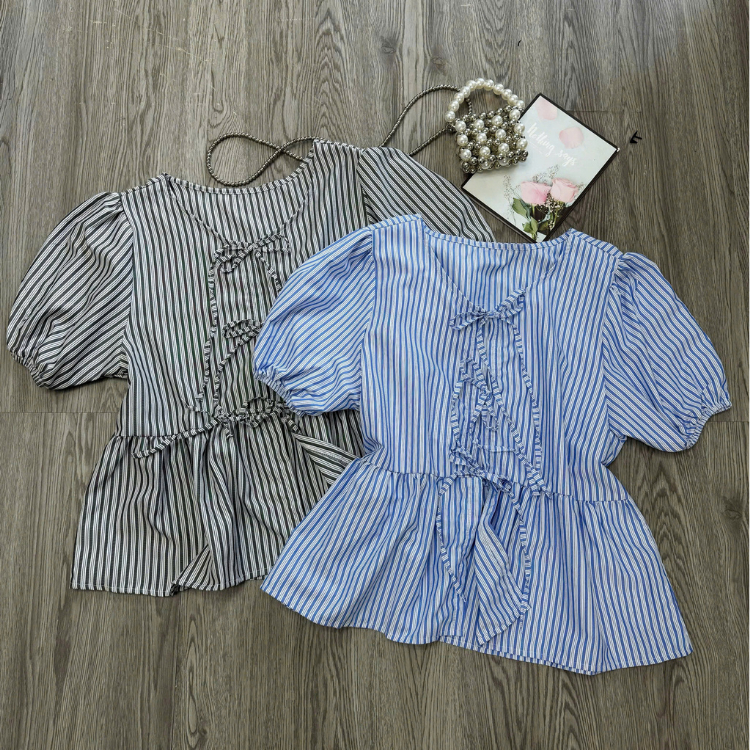 Áo Babydoll Bigsize Nữ Kẻ Sọc/Trơn Buộc Dây Nơ Dễ Thương, Áo Kiểu Nữ Tay Bồng A190/A191