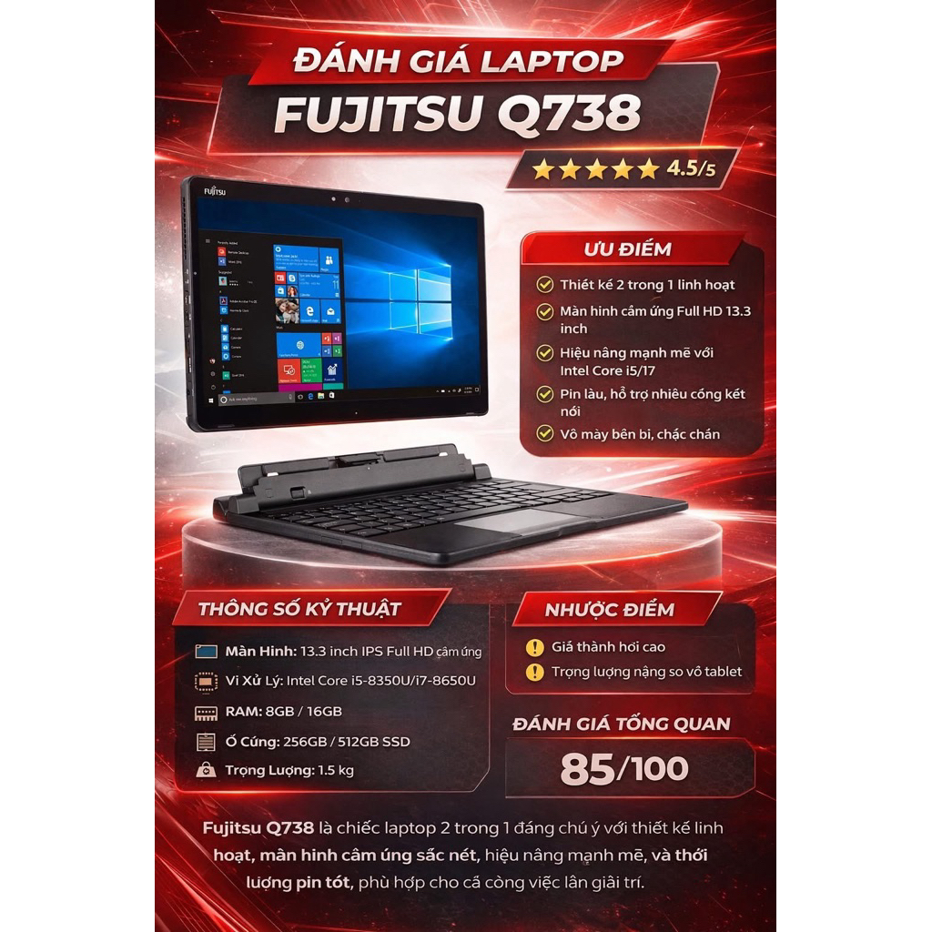Máy tính bảng Laptop 2in1 Fujitsu Arows Tab Q738 Q739 Ram 8G mạnh hơn Q616 Q665 Q507 nhiều lần