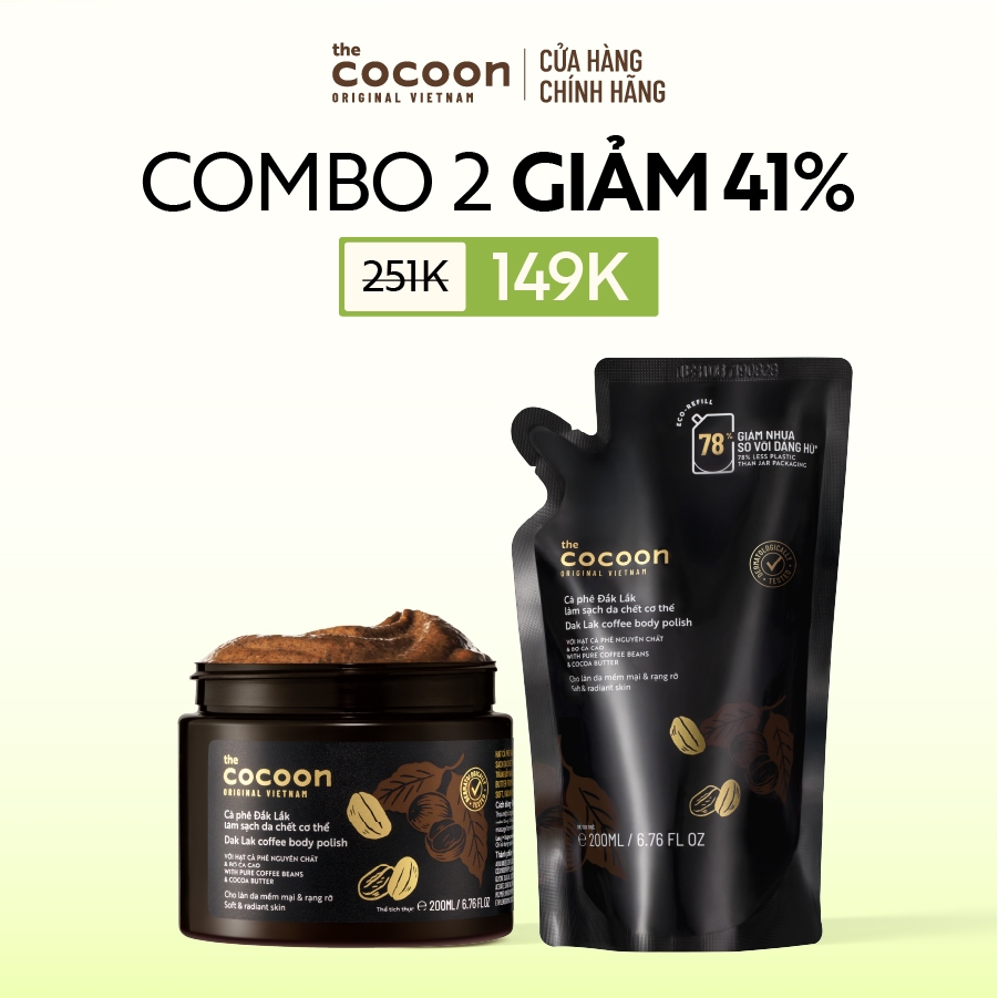 [MUA 2 GIẢM 41%] Combo 1 Hũ Tẩy Da Chết Cơ Thể Cà Phê Đắk Lắk Cocoon 200ml + Túi Refill Tẩy Da Chết Cà Phê 200ml