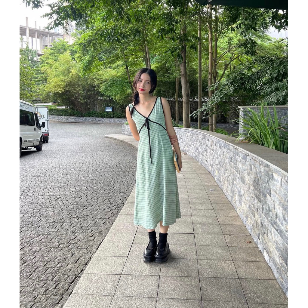 [pass thanh lý] Váy đầm dáng dài liberosis màu xanh lá caro của Hope to be around local hopetobearou
