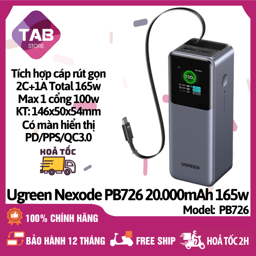 Sạc UGREEN Nexode PB726 20000mAh 165W 3 Cổng Có Cáp Tích Hợp - Bảo Hành 12 Tháng