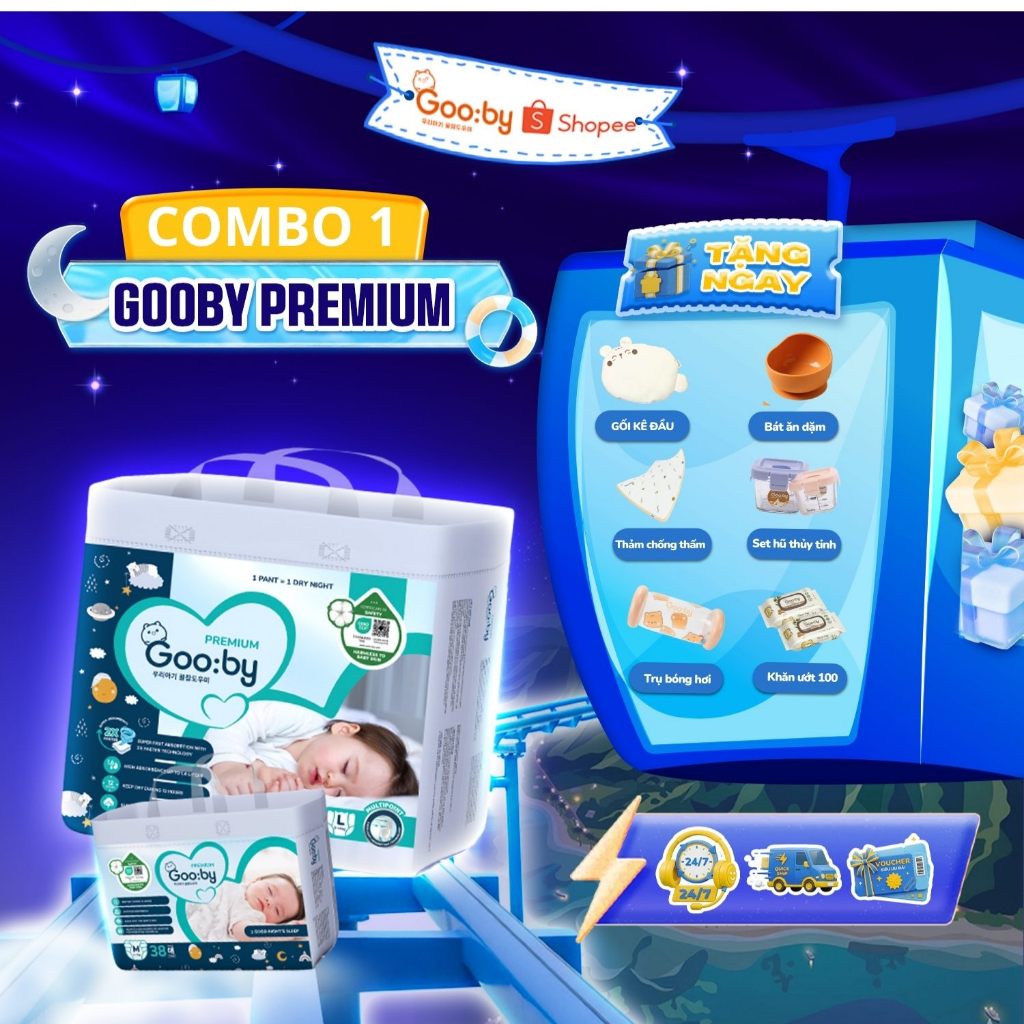 Tã/bỉm dán Gooby ban đêm mềm mại, an toàn, siêu thấm hút size NB/S/M cho bé từ dưới 5kg - 11kg