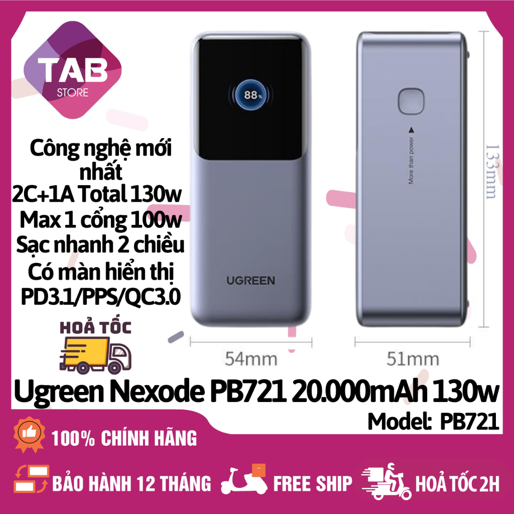 Sạc UGREEN Nexode PB721 20000mAh 130W 3 Cổng - Bảo Hành 12 Tháng