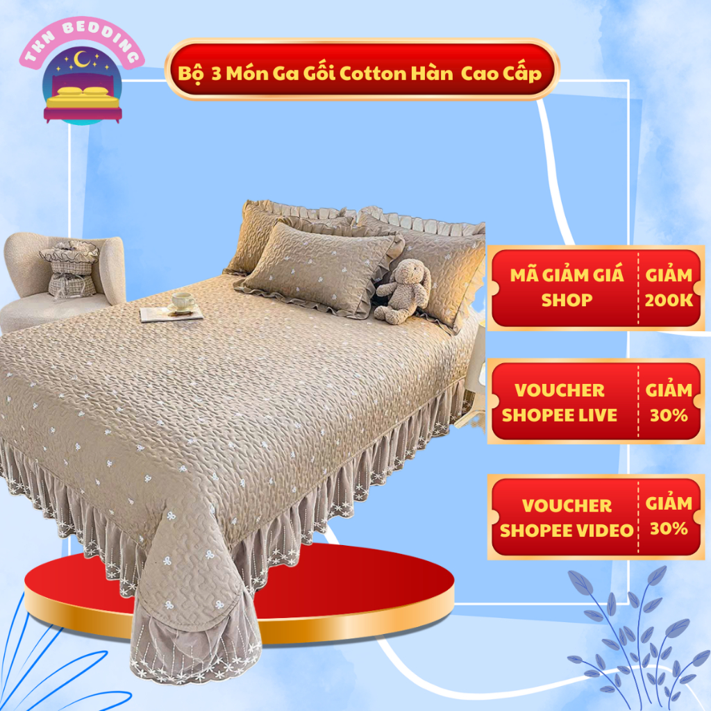 Bộ 3 Món Ga Gối  Cotton Hàn Trần Bông 3 Lớp - Ga Phủ Viền Bèo Đính Ren Công Chúa Hàng Cao Cấp