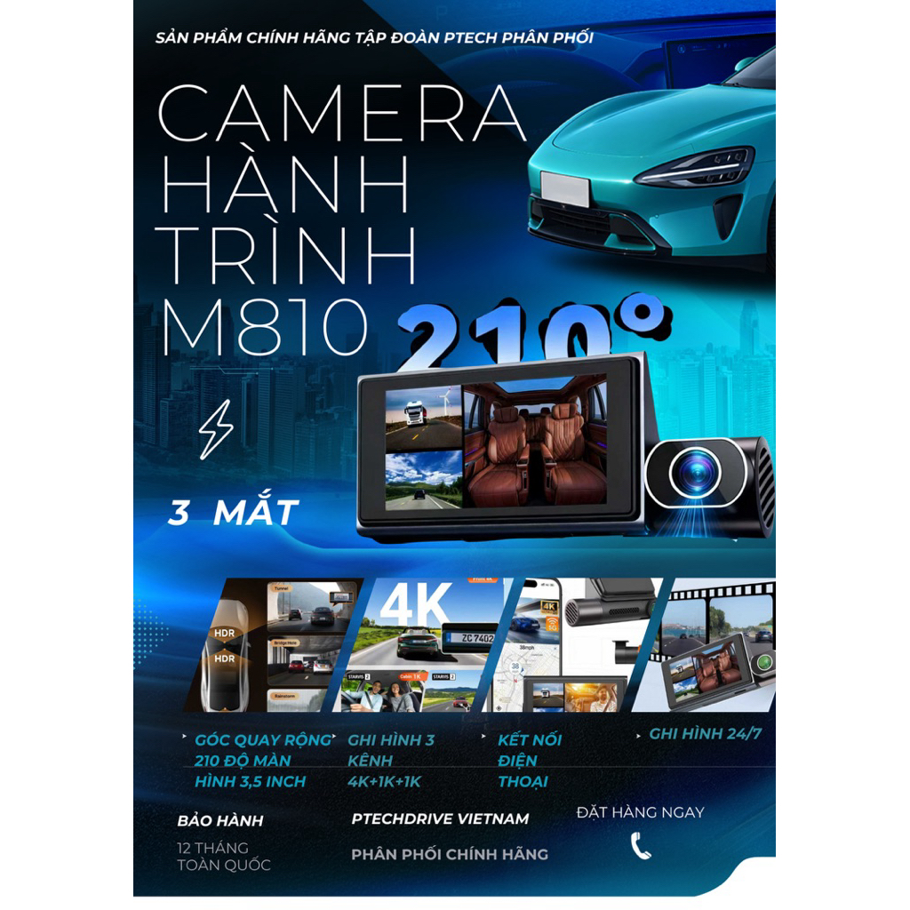 Camera Ô Tô Ptech M810 3 Camera 4K+1K+1K, Wifi Kết Nối Điện Thoại, Màn 3.5”, Ghi 24/7