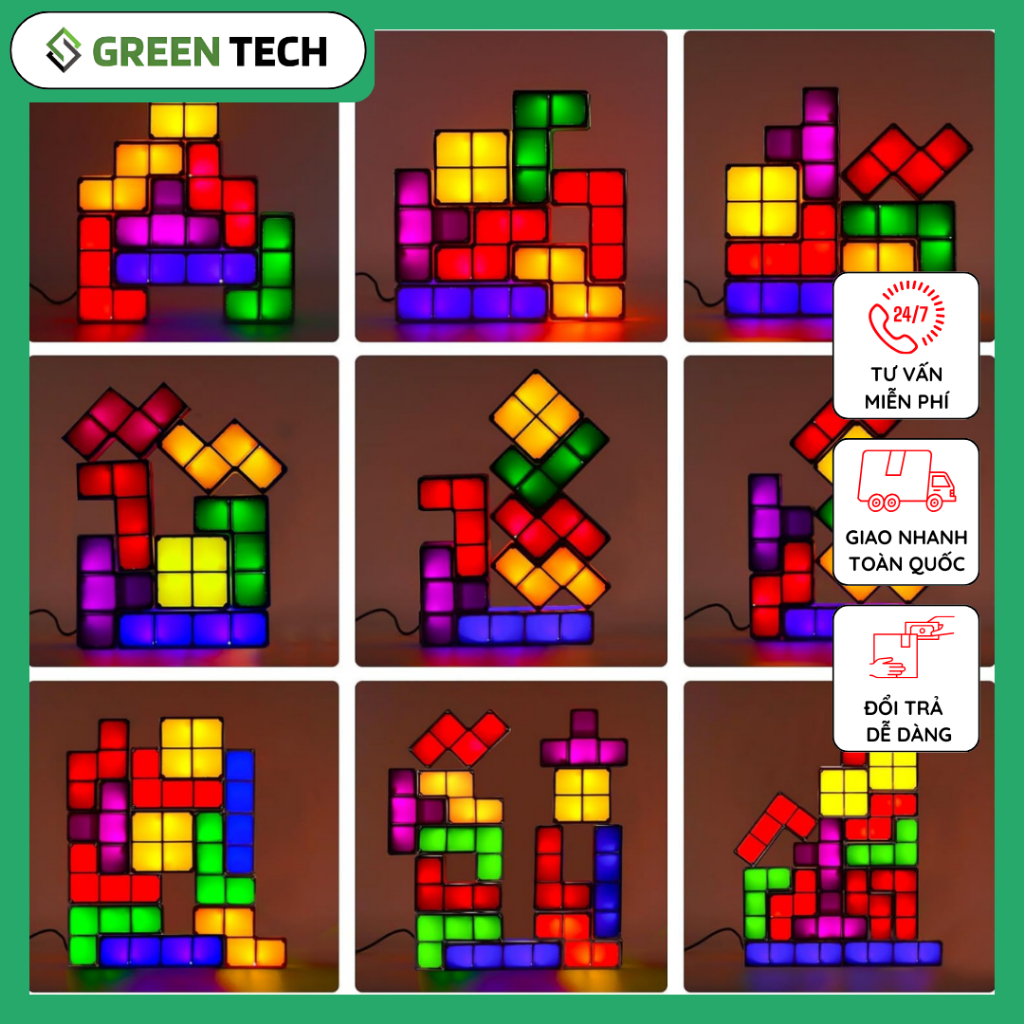 Đèn LED DIY GreenTech.S, Đèn Led Xếp Hình Sáng Tạo 7 Mảnh Trang Trí Bàn Làm Việc PC Đèn Ngủ Decor
