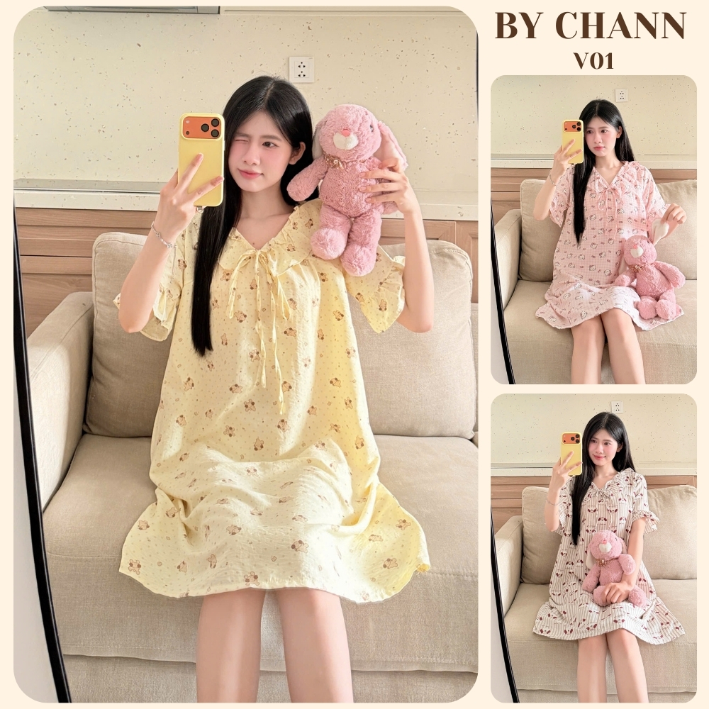 Váy Ngủ BY CHANN (V01) họa tiết dễ thương, chất liệu đũi mềm, mặc nhà mùa hè