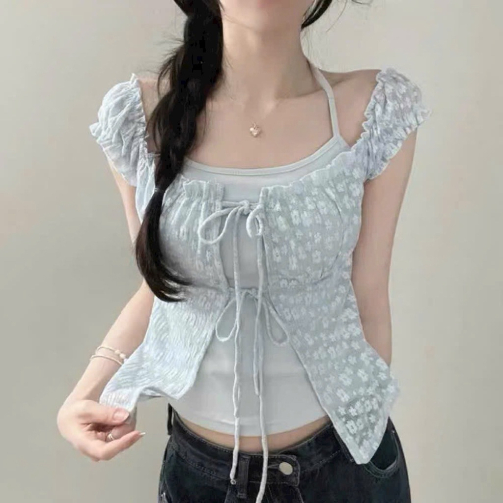 SPayLater 0% Áo sơ mi ren hoa Hàn Quốc, thiết kế dây cổ ngắn và tay ngắn, phù hợp thời trang mùa hè